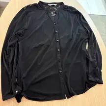 Erin London Lace Blouse Large Black Sheer Back Panel Button Front Long Sleeve