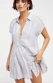 Free People New Spring Love Tunic Top Womens S Blue Striped Button Front Beachy