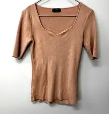 Tahari ribbed camel color short sleeve feminine neckline sweater size small