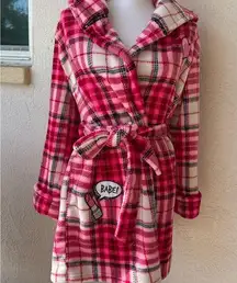 Betsey Johnson XS / SMALL ROBE Bathrobe Ultra Plush Furry Fleece Plaid Pink