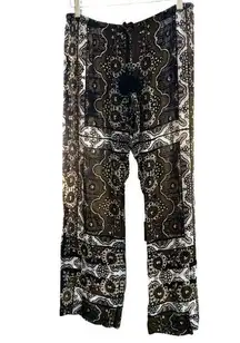 Hale Bob Blue White Boho Wide Leg Pull On Tie Waist Moroccan Print Pants Sz Med