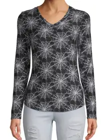 No Boundaries Halloween Spider Web V Neck Top Long Sleeves Stretch EUC