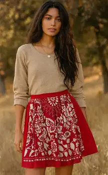 Anna Sui Red & White Floral Boho Wrap Skirt Vintage Peasant Cotton Size 8