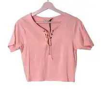 Brave Soul Helena Jersey front lace up pink crop top