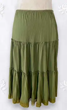 Early 2000's Fairy Grunge Khaki Green Tiered Midi Lace Trimmed Skirt M