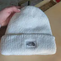 North Face Cream Off White Chunky Knit Beanie Fleece Lined