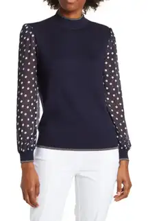 ADRIANNA PAPELL NAVY BLUE‎ POLKA DOT SHEER SLEEVE SWEATER EUC SIZE M