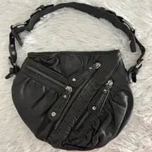 Junior Drake Black Leather Zipper Shoulder Bag