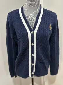 Lauren Ralph Lauren Sz: XL Cable Knit V Neck Cardigan Sweater. Embroidered Logo.