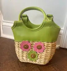 Retro straw purse minibag green faux leather daisies cottage twee