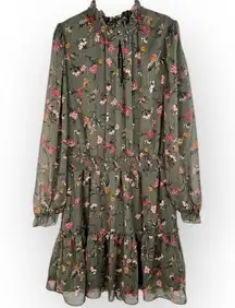 DREW Anthro Green Floral Print Dress Gold Stripes Long Sleeves Smocked Size L