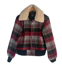 Wild Fable Buffalo Red Plaid Faux Fur Collar Preppy Zip Up Wool Blend Jacket MD