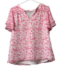 Skies Are‎ Blue White and Pink Floral Print Smocked Flutter Sleeve Blouse Medium