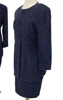 Vintage 80s Silk 2 Skirt Set 2 Piece Polka Dot Blouse/Jacket & Skirt Navy Blue 6