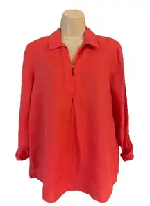Ellen Tracy Red Orange Linen Blouse Tunic Pop Over Top Roll Tab Sleeves Size Sma