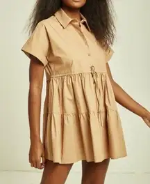 Deluc Tilda Shirt Dress Babydoll Style Taupe Camel Midi Oversized top, Size M