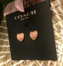 Coach Gold Heart Logo Stud Earrings Pink Enamel Heart Studs NWT