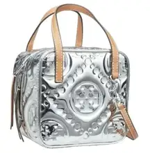 Limited Edition Tory Burch T Monogram Embossed Metallic Silver Cube Handbag