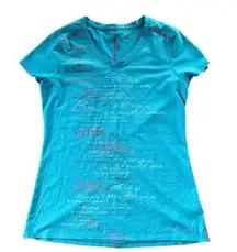 Moving Comfort Womens V-Neck Blue Graphic Lettering T-Shirt Size Large