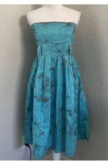 Yak n Yeti Los Angeles Blue Floral Pleated Strapless Dress Size Large