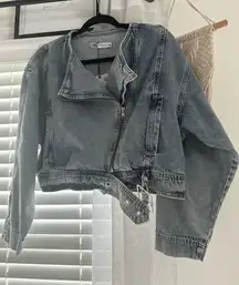 Zara Denim Moto Zip Up Cropped Jacket 