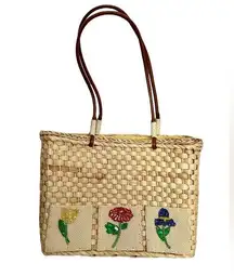 Woven Corn Husk Bag with Beaded Embroidery Flowers and Leather Handle