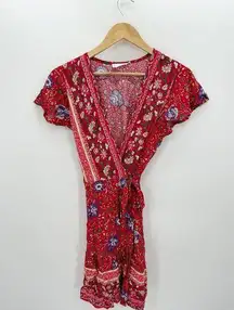 R. Vivimos Women Red Floral Wrap Front Mini Dress Short Sleeve Boho Size M NWT