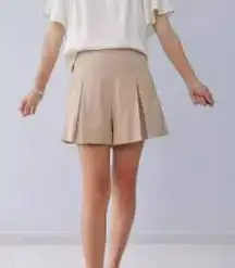 New VINCE Inverted Pleated A-line Shorts Tan Linen Blend Button Detail size 12