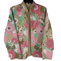 Vintage Retro Floral and Tan Reversible Open Front Quilted Jacket Size Large