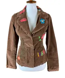 Pepper Brown Corduroy Jacket 1969 Peace Sign Appliqué Boho Hippie Y2K Retro S