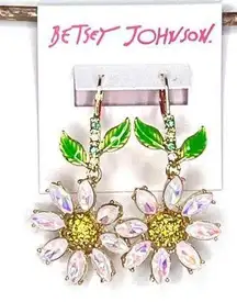 Betsey Johnson Iridescent Stone FLOWER EARRINGS 2.5" Dangle Drop Daisy Flowers