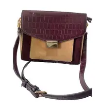 Parfois Womens Faux Croc Leather Crossbody Bag Burgundy & Tan Colorblock With Ad