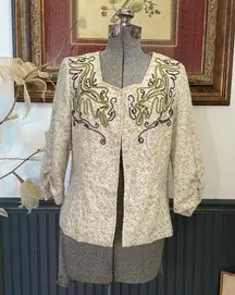 Coldwater Creek Beaded Scroll Embroidered Cream Open Ruched Jacket - Sz 10P 💚🎀