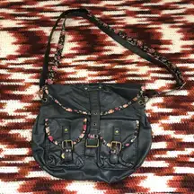 Fairy Boho Hippie Indie Grunge Goth Floral Leather Crossbody Messenger Shoulder Bag Purse Gold Tone Cargo Pockets Great condition Measurement in pics
