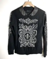 Vocal Black Rhinestone Embellished Zip Up Lightweight Cardigan Top Medium Y2K