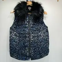 Chico’s Ombre Blue & Black Quilted Zip Front Vest with Removable Faux Fur Collar