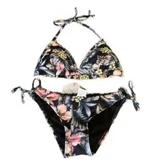 Women's Halter Two Piece Floral Black Tie Bikini Swimsuit Size Large NWT #7933