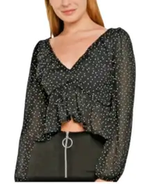 H&M Polka Dot Plunge V-Neck Back Tie Balloon Sleeve Peplum Blouse