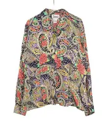 Notations 80s Colorful Floral Paisley Long Sleeve Collared Vintage Blouse Large