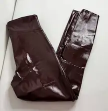 SPANXshape Faux Leather Patent Leggings Size Small Petite Ruby Burgundy Shiny