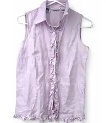 Irish Linen Sleeveless Top Tank Ruffle Front Collared Button Up Down