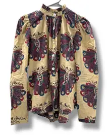 Alix of Bohemia Annabel Puff-Sleeve‎ Peacock Printed Cotton Long Sleeve Top Sz S