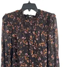 Sanctuary Black Floral Smocked Chiffon Ruffle Blouse Sheer Sleeves Womens Size 6