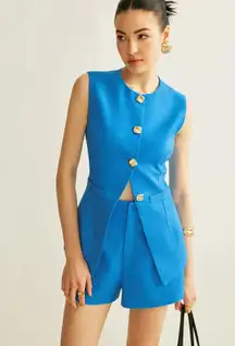 Blue Sleeveless gold Button Vest With Shorts Set Small Commense