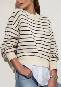 Brochu Walker Eden Stripe Crew Looker Sweater - Ivory/Black Sz L Cashmere Blend