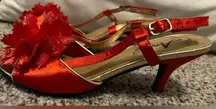 Annie’s Red Gold Metallic Satin Slingback Heels Open Peep Toe Shoes Women’s 6