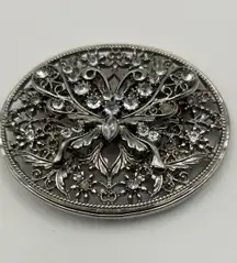 Vintage Filigree Rhinestone Belt Buckle-Ornate Silver Oval‎ Western Style