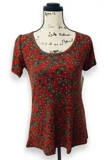 LuLaRoe Red Green Floral Print Scoop Neck Short Sleeve Top Women’s Size XS