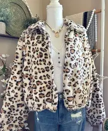 Victoria’s Secret ‘Know One Cares’ Faux Fur Leopard Print Zip Up Crop Jacket