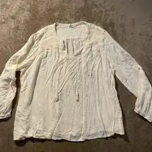 Old Navy Blouse Womens XL Ivory Boho Tassel Top Split Neck Round Long Slv Shirt